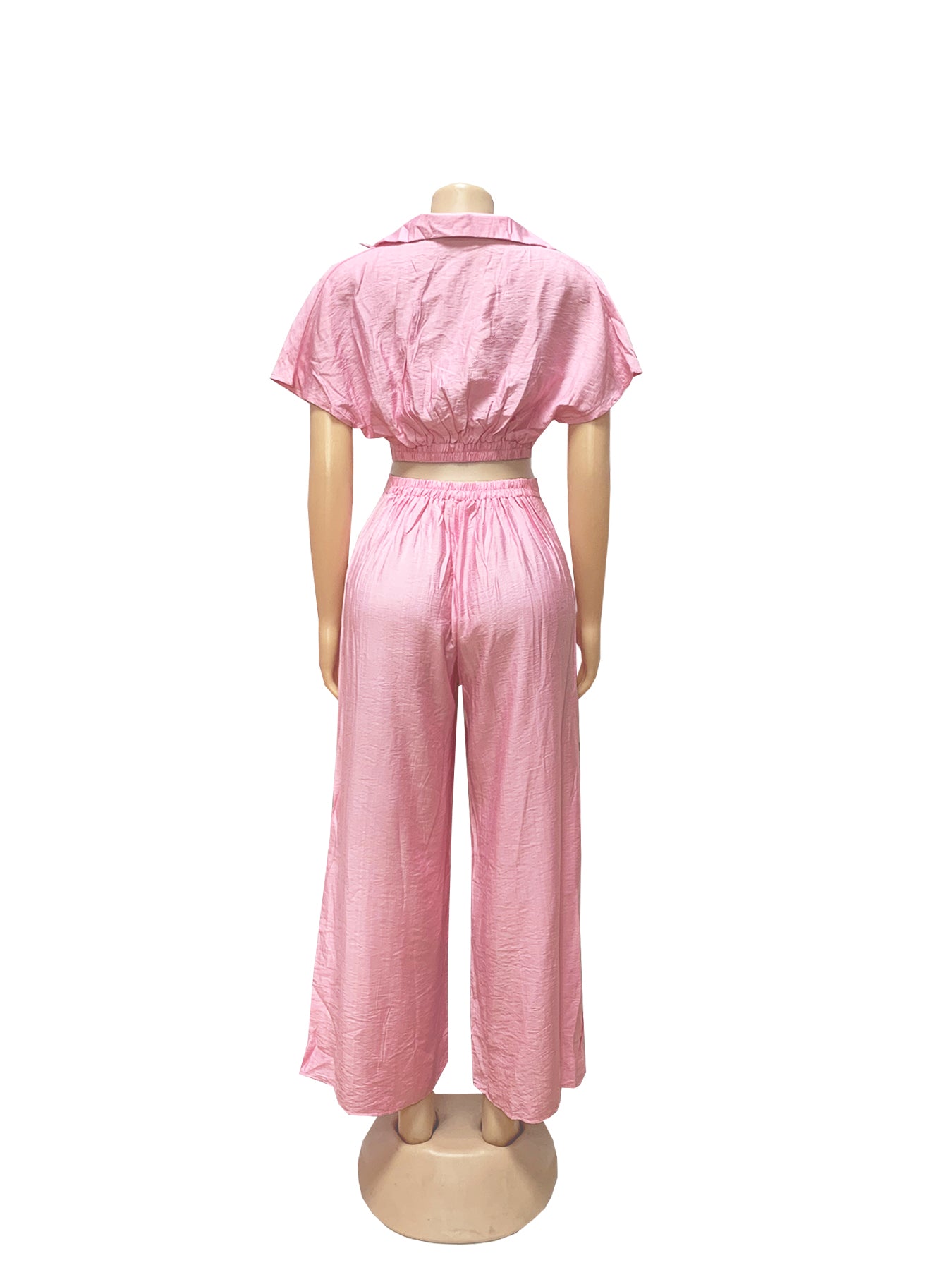 Women Casual Holidays Summer Turndown Collar Short Top & High-Waist Wide-Leg Pants Set 15
