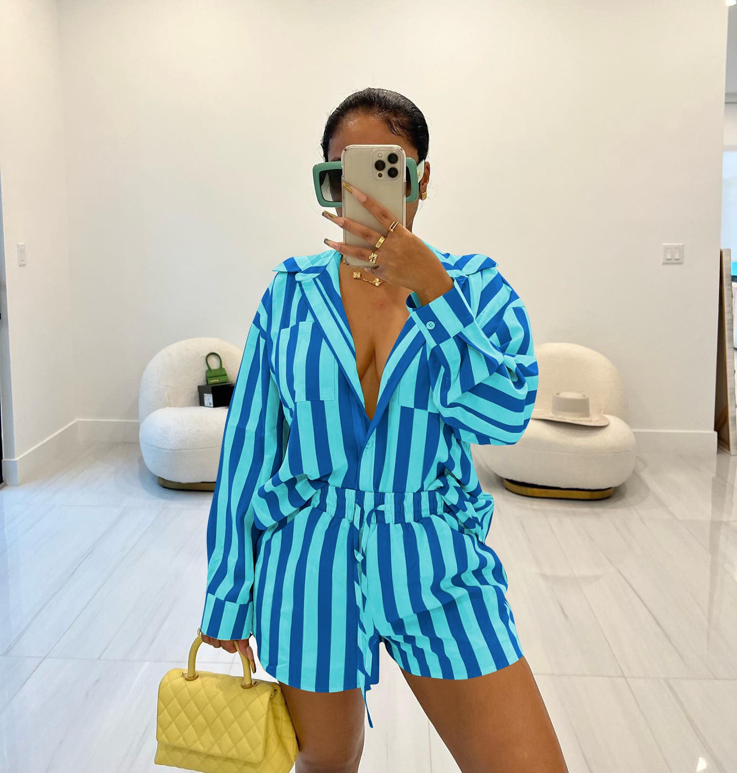 Women Casual striped shirt and Lace-Up shorts two-piece set 3