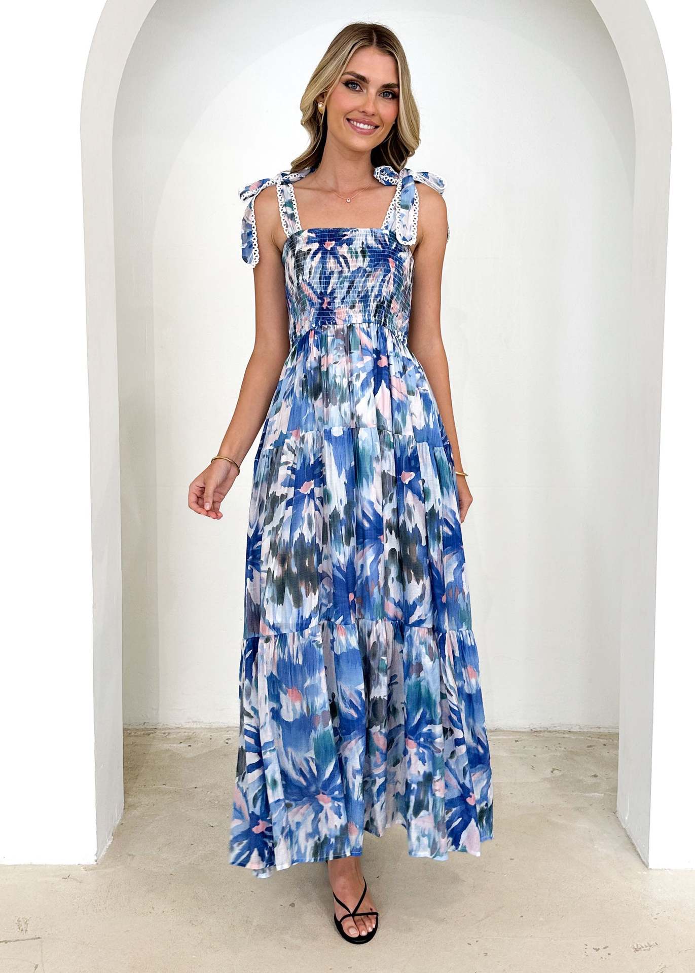 Spring and Summer Women's Strap Elastic Waist Strap Print Long Dress