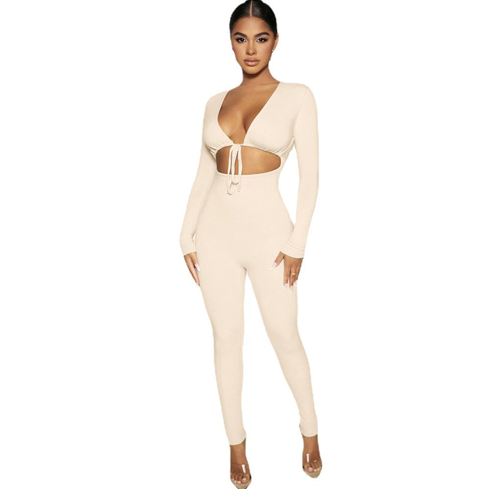 Women Solid Sexy Lace-up Hollow Long Sleeve Jumpsuit 11