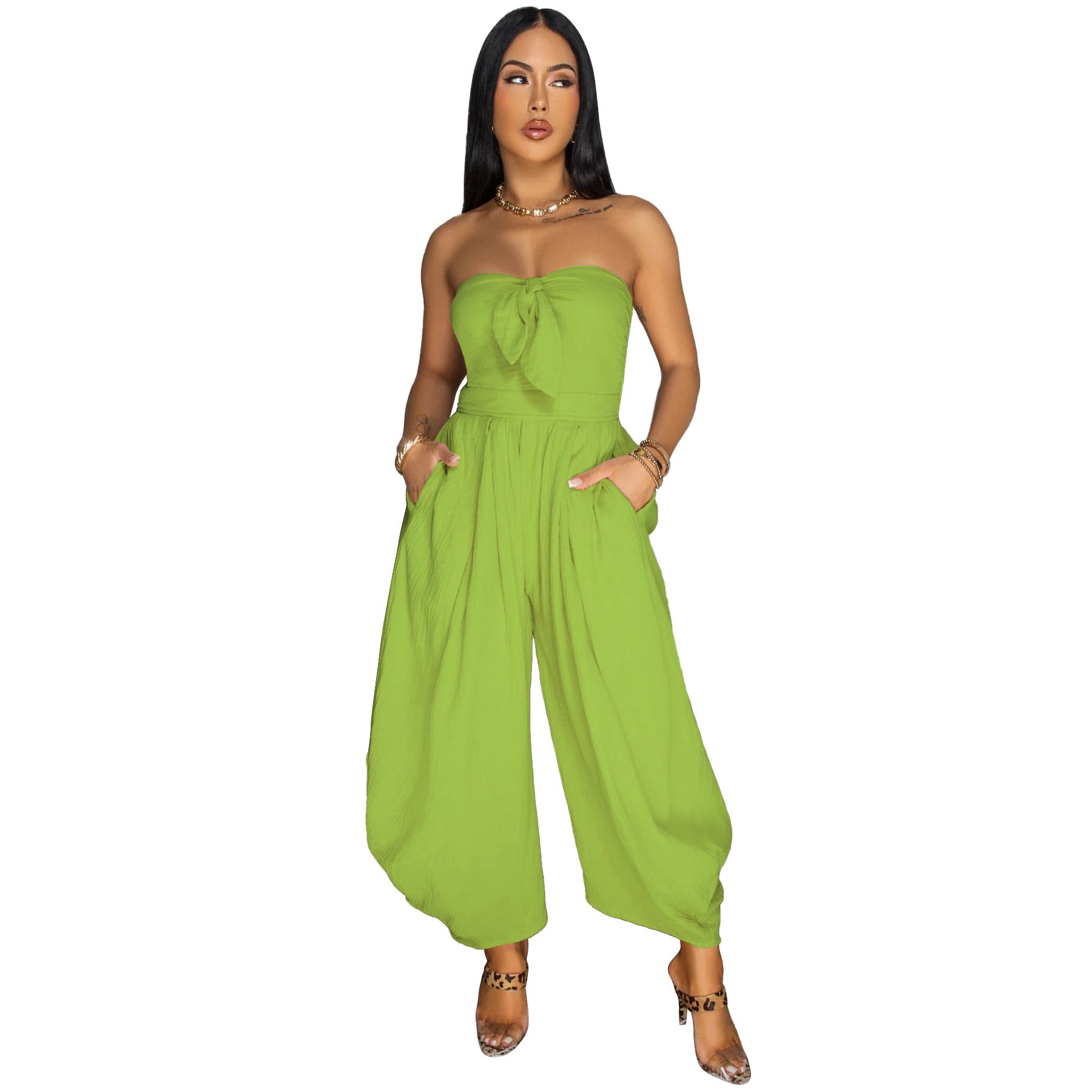 Women's Summer Sexy strapless Solid Color loose Jumpsuit 11