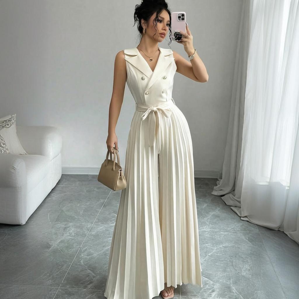 Women summer sleeveless v-neck lace pleated Maxi Jumpsuit 6
