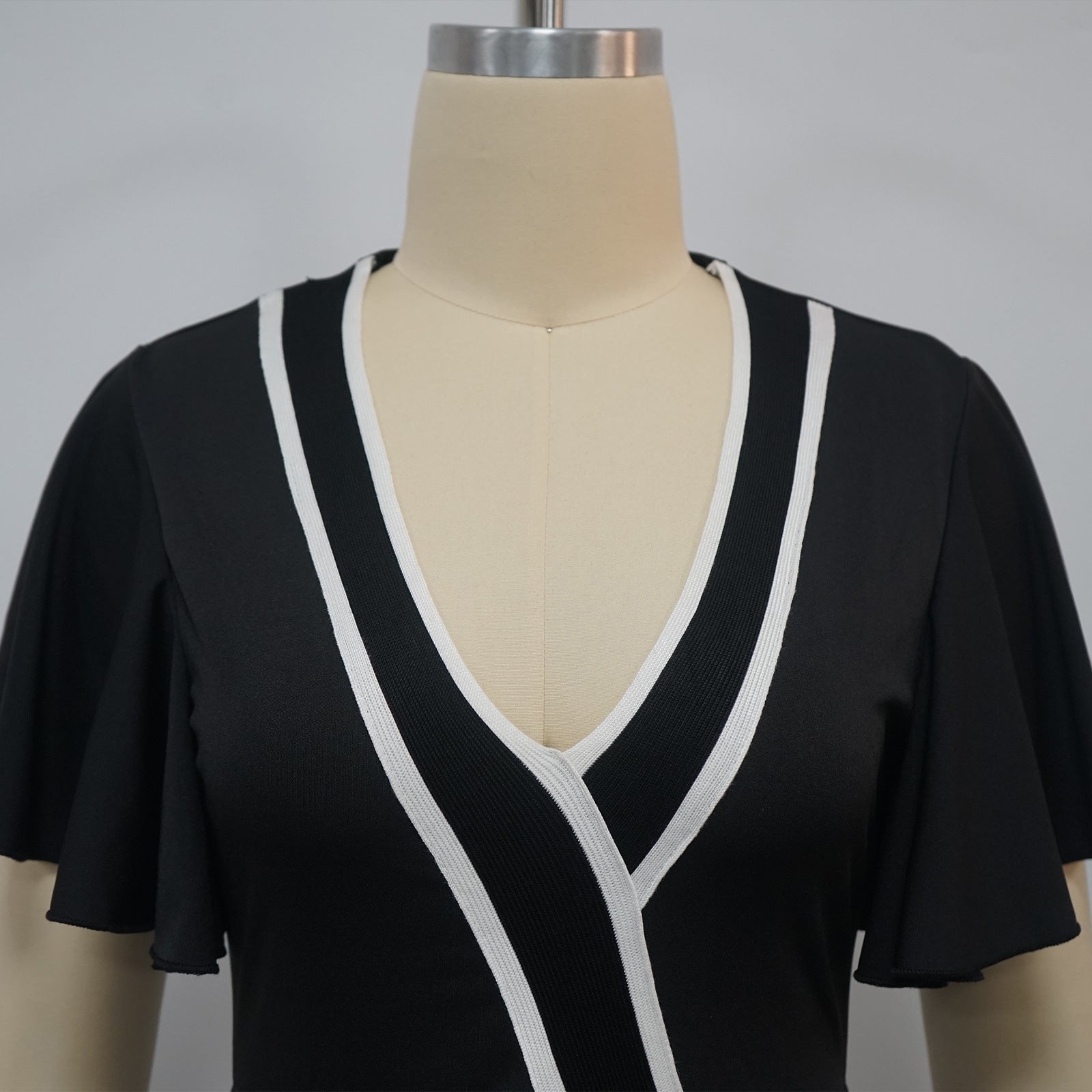 Women Pocket Ruffle Sleeve V-Neck Contrast Patchwork Dress 9