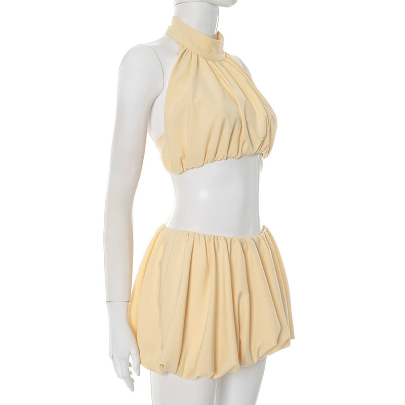 Women's Summer Solid Color Sexy Low Back Halter Neck Crop Top Sexy Short Skirt Set 7