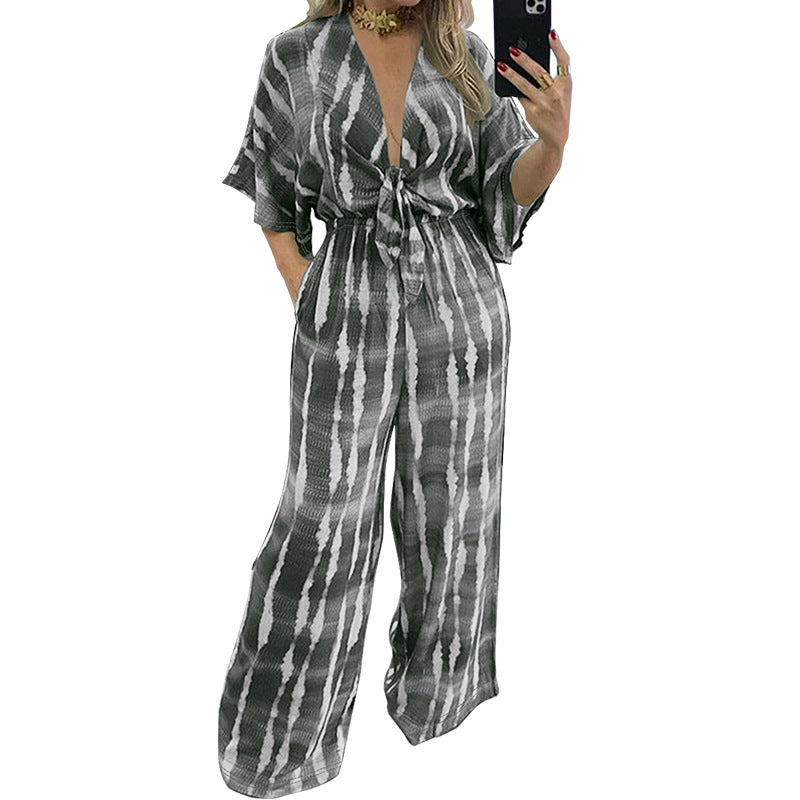 Plus Size Women Lace-Up Half-Sleeve Jumpsuit 8