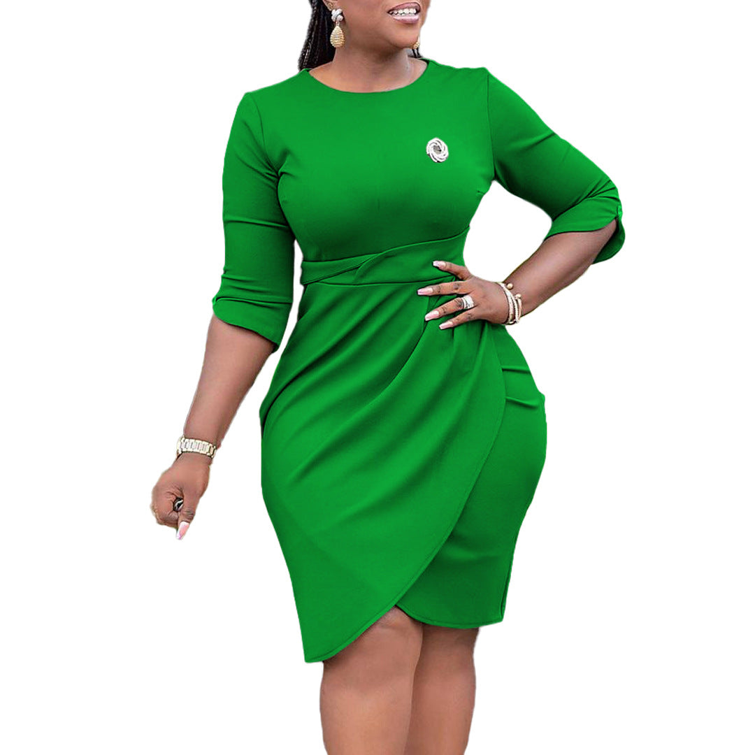Plus Size Women Elegant Pleated Dress with Brooch 9