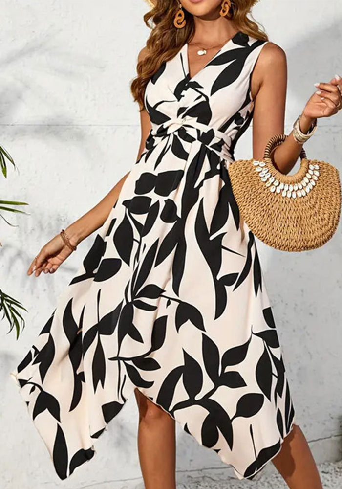 Spring And Summer Women Sleeveless Leaf Print Knot Irregular Midi Dress