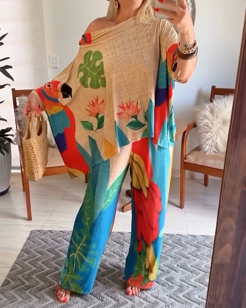 Women's Fashion Animal & Floral Print Bat Sleeves Loose Top Wide-Leg Pants Set