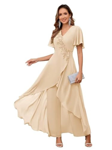 V-Neck Mother's Dress Solid Color Pants Two-Piece Set 17