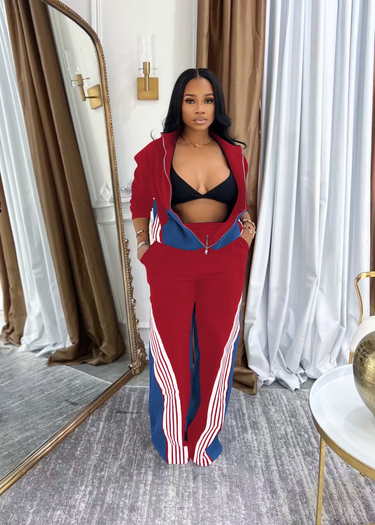 Denim Patchwork Sport Two-Piece Pants Set 7