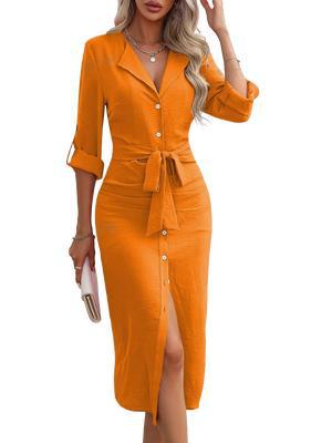 Autumn solid color Turndown Collar belt Chic slit women dress 20
