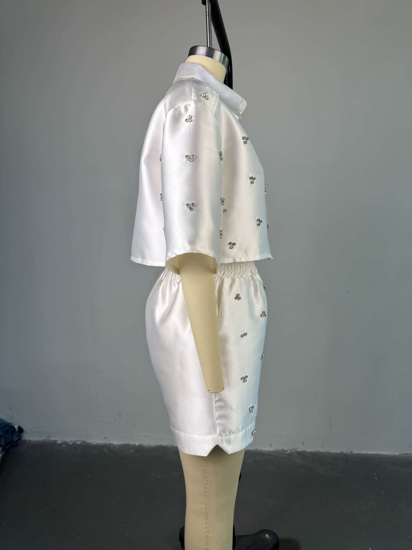 Women's summer beading Turndown Collar Bat Sleeves shirt high waist shorts two-piece set 8