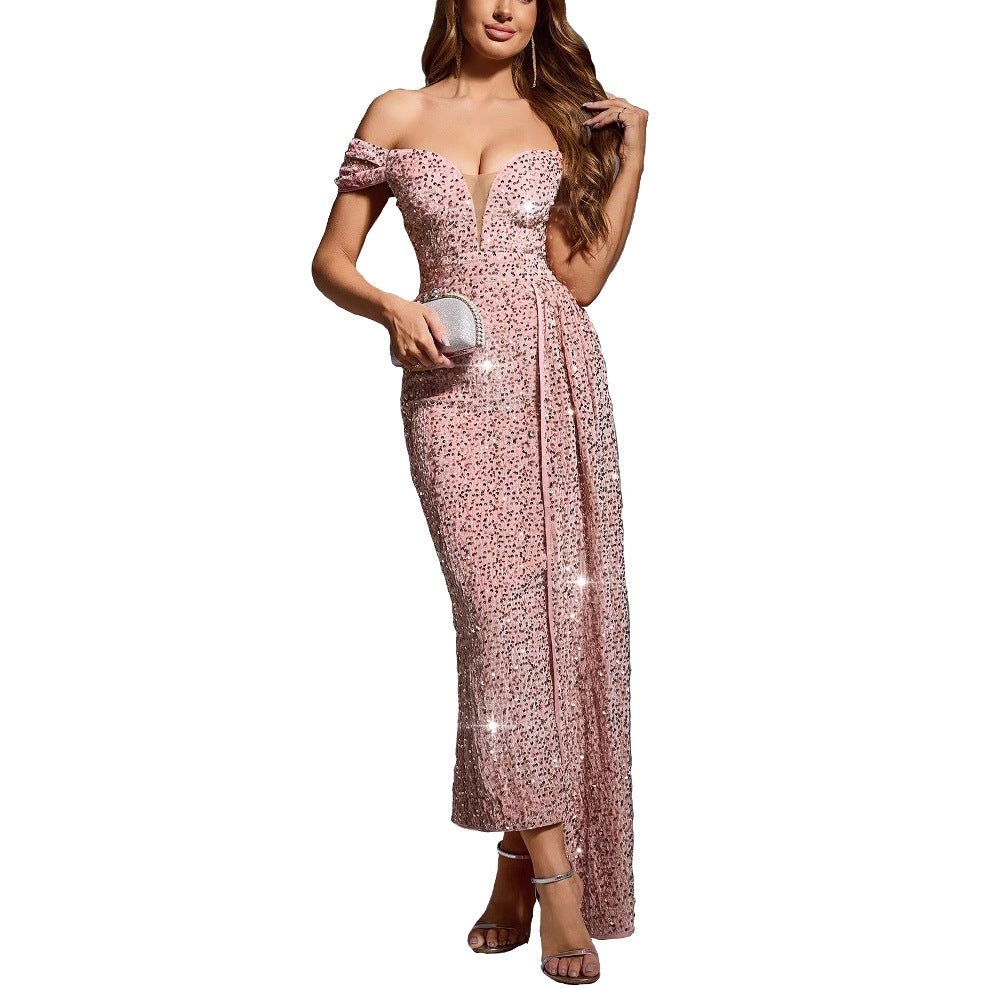 Women's Chic Sexy Sequin Off-Shoulder Solid Color Party Dress