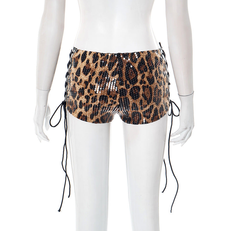 Women's Spring Leopard Hollow Cross Tie Low-Waist Sequin Casual Shorts 9