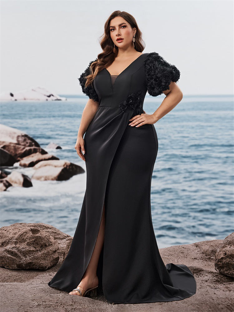 Plus Size Puff Sleeve Evening Dress Formal Party Sexy Slit Chic Mermaid Long Dress 6