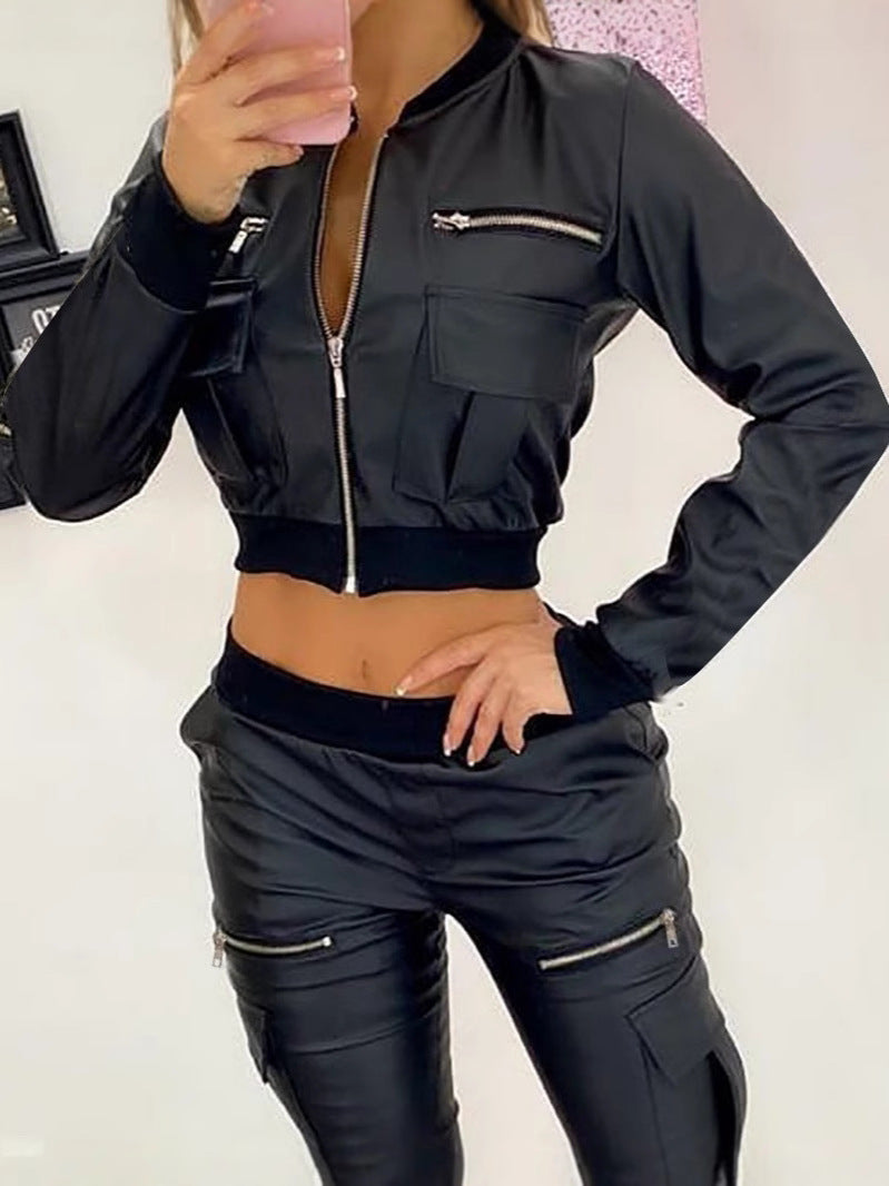 Women Solid pu-Leather Zipper Pocket Baseball Jacket 3