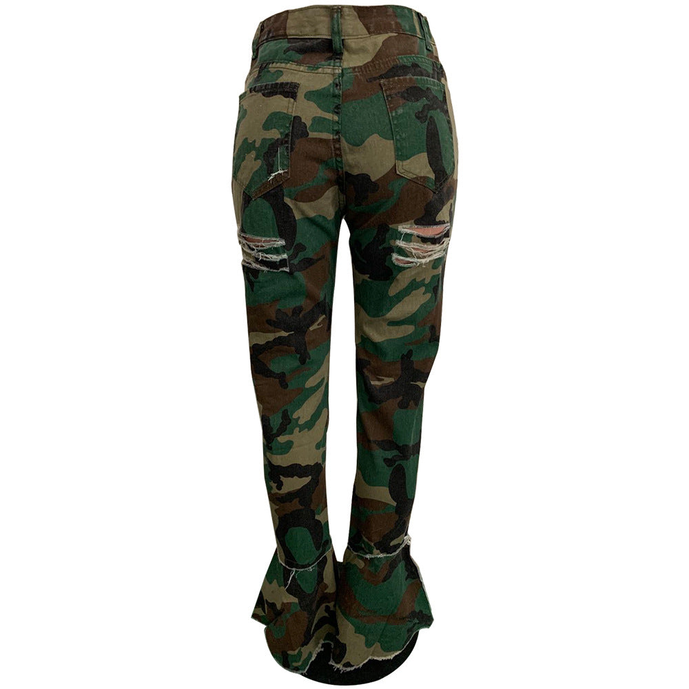 Women's Fringed Ripped Classic Denim Ruffle Trouser 38