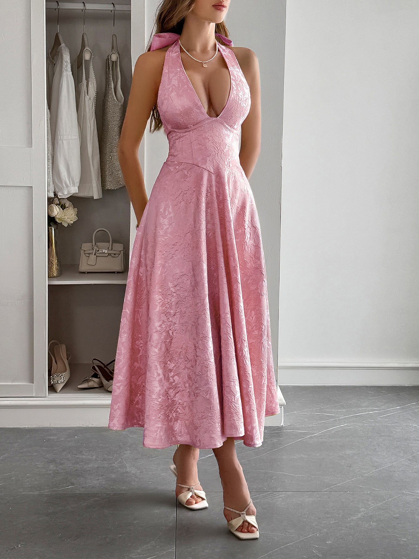 Spring/Summer Women's Holidays Halter-Neck Slim Waist Long Dress 3