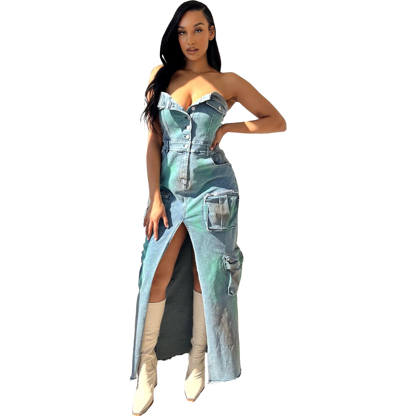 Women Sexy Strapless Off-Shoulder Tie-Dye Slit Cargo Denim Dress 4