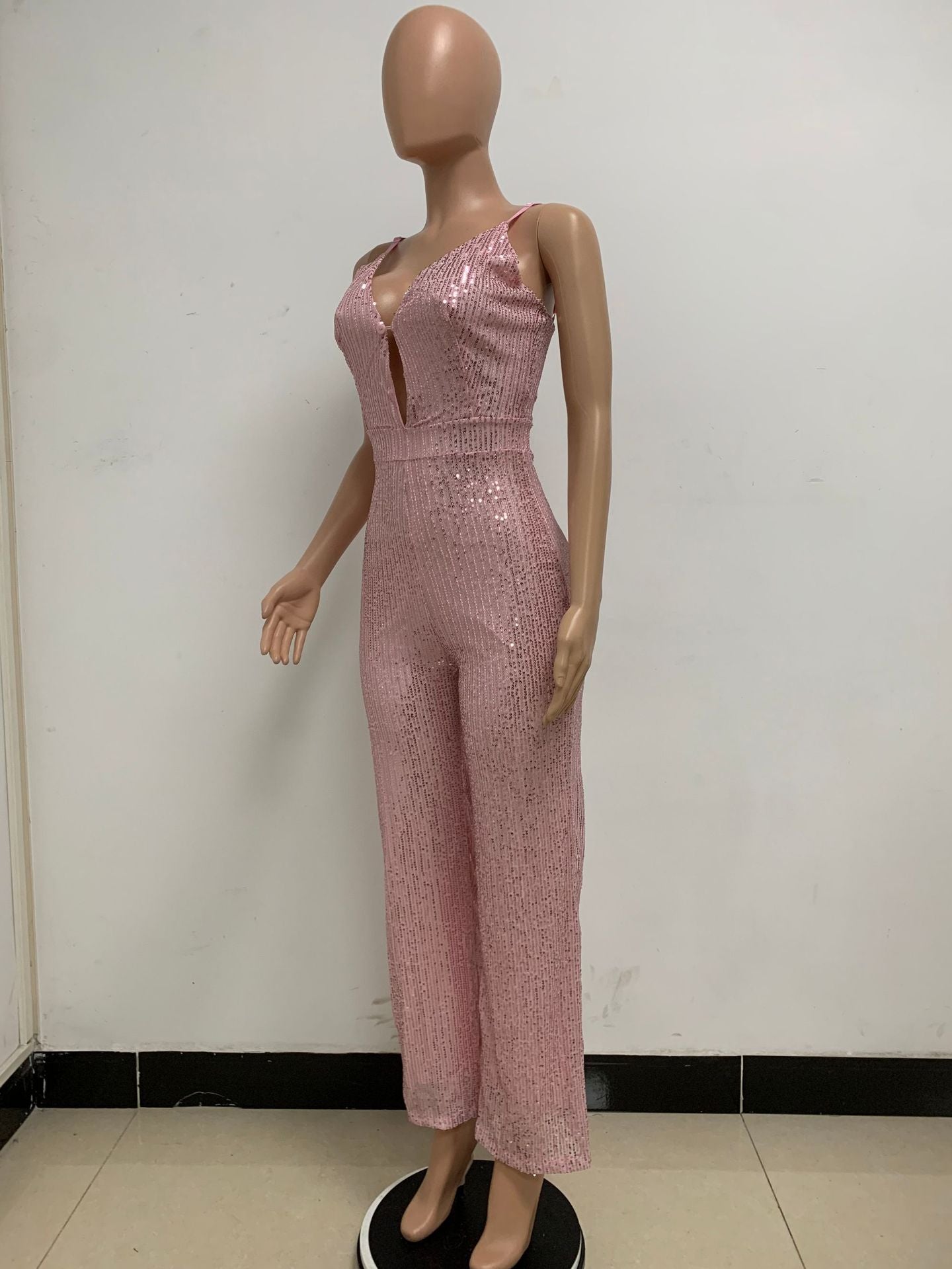 Deep V Neck Low Back Sleeveless Chic Sequined Straps Elegant Women's Party Jumpsuit 62