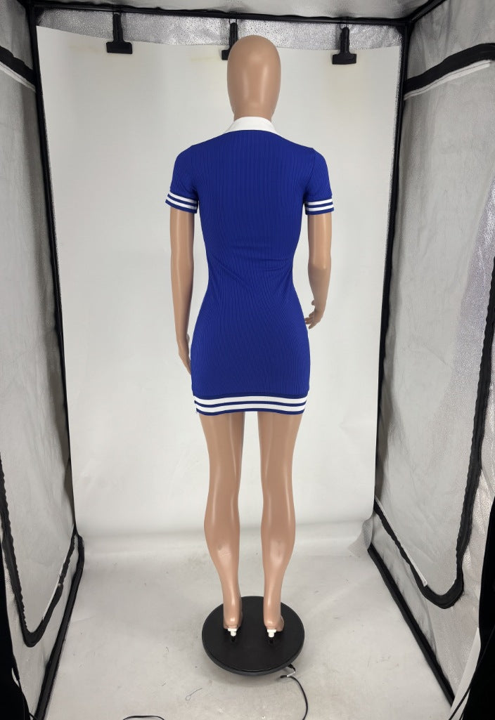 Women Turndown Collar Short Sleeve Ribbed Sexy Dress 11