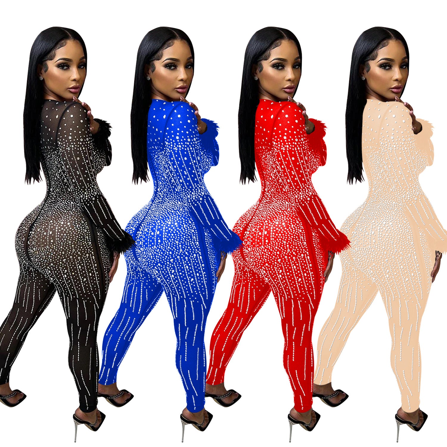 Fashion Women's Mesh Beaded V-Neck Long Sleeve Feather Long Library Jumpsuit 13