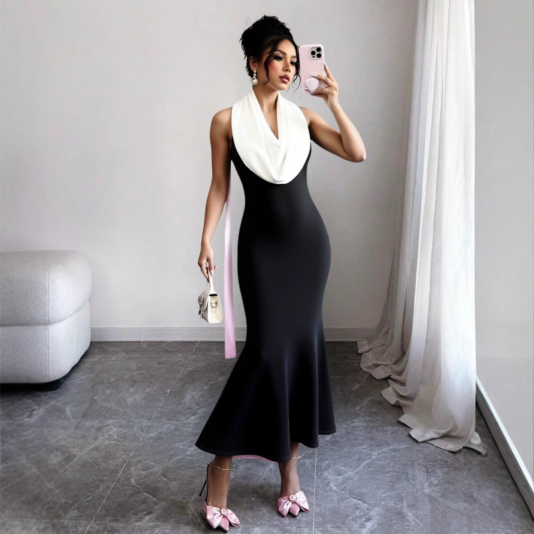 Women summer contrast color Halter Neck sleeveless dress 5