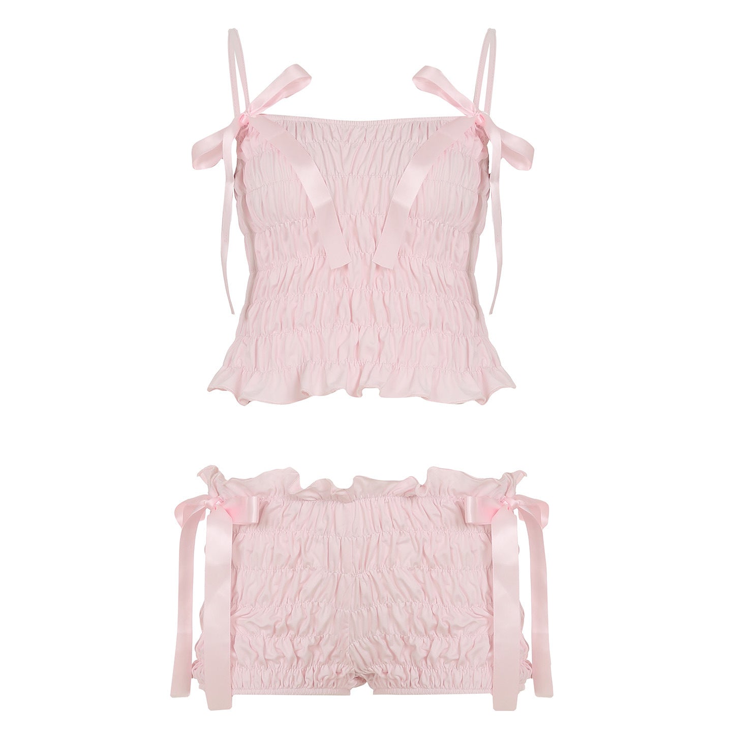 Women Bow Pleated Camisole Shorts Two-Piece Set 11