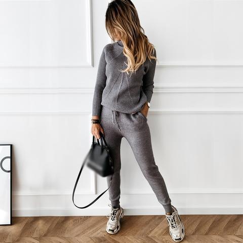 Women turtleneck Solid Casual sweater + trousers two-piece set 17