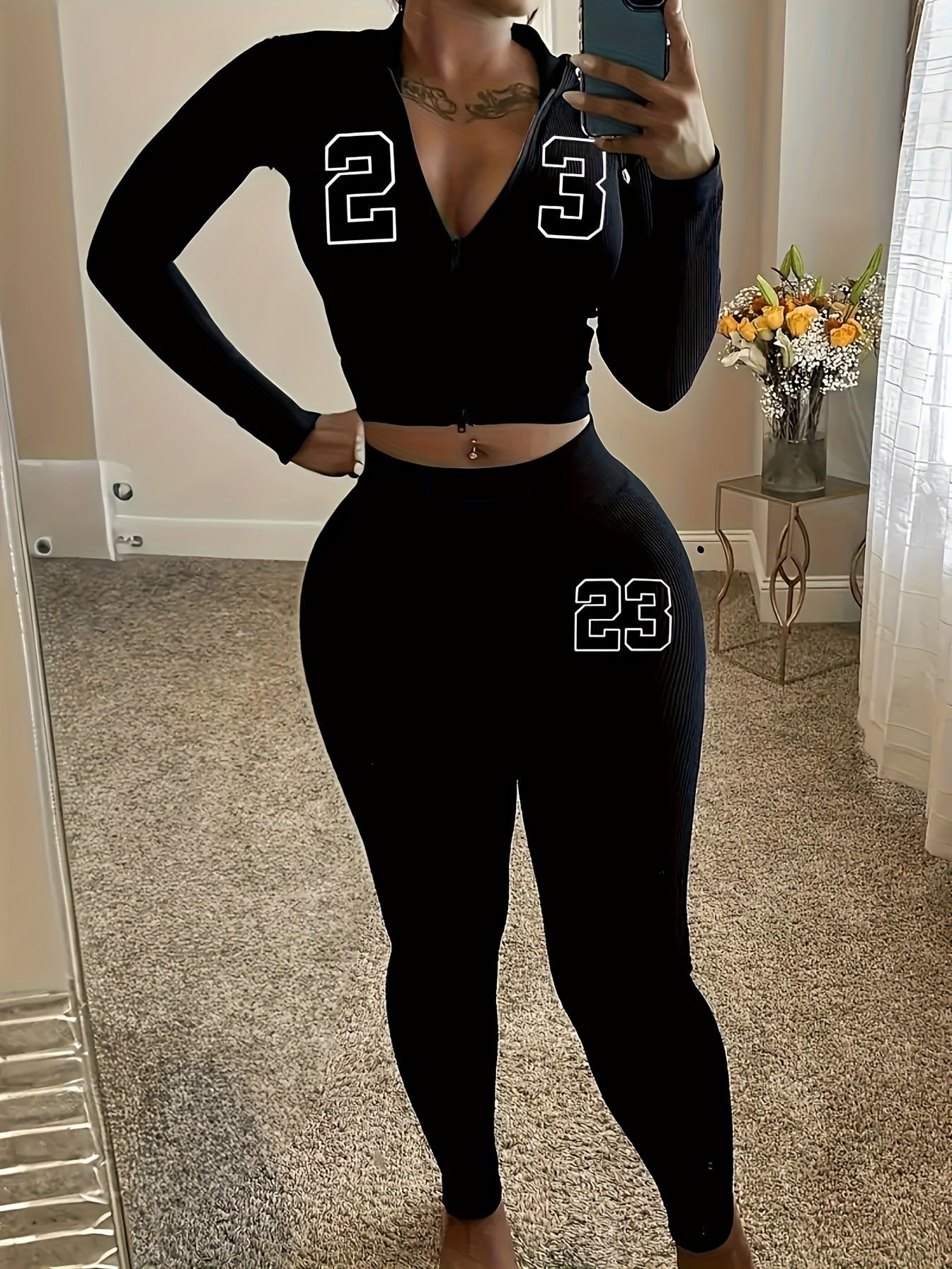 Women Digital Printed Zipper Hooded Long-sleeved Top and Pants Two Piece Set