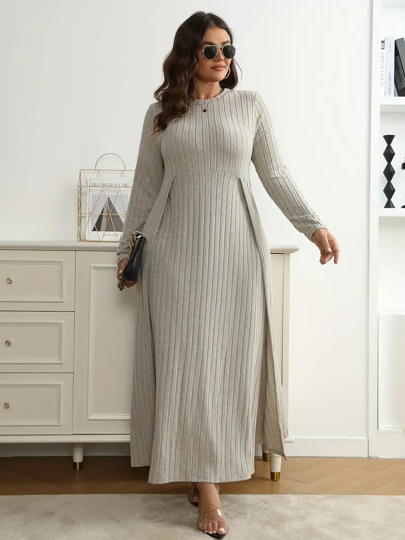 Women Round Neck Long Sleeve Autumn Winter Plus Size Dress 7