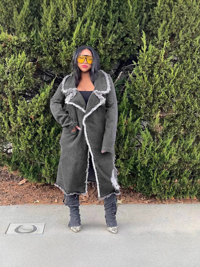 Women's Turndown Collar Ripped Denim Coat Jacket