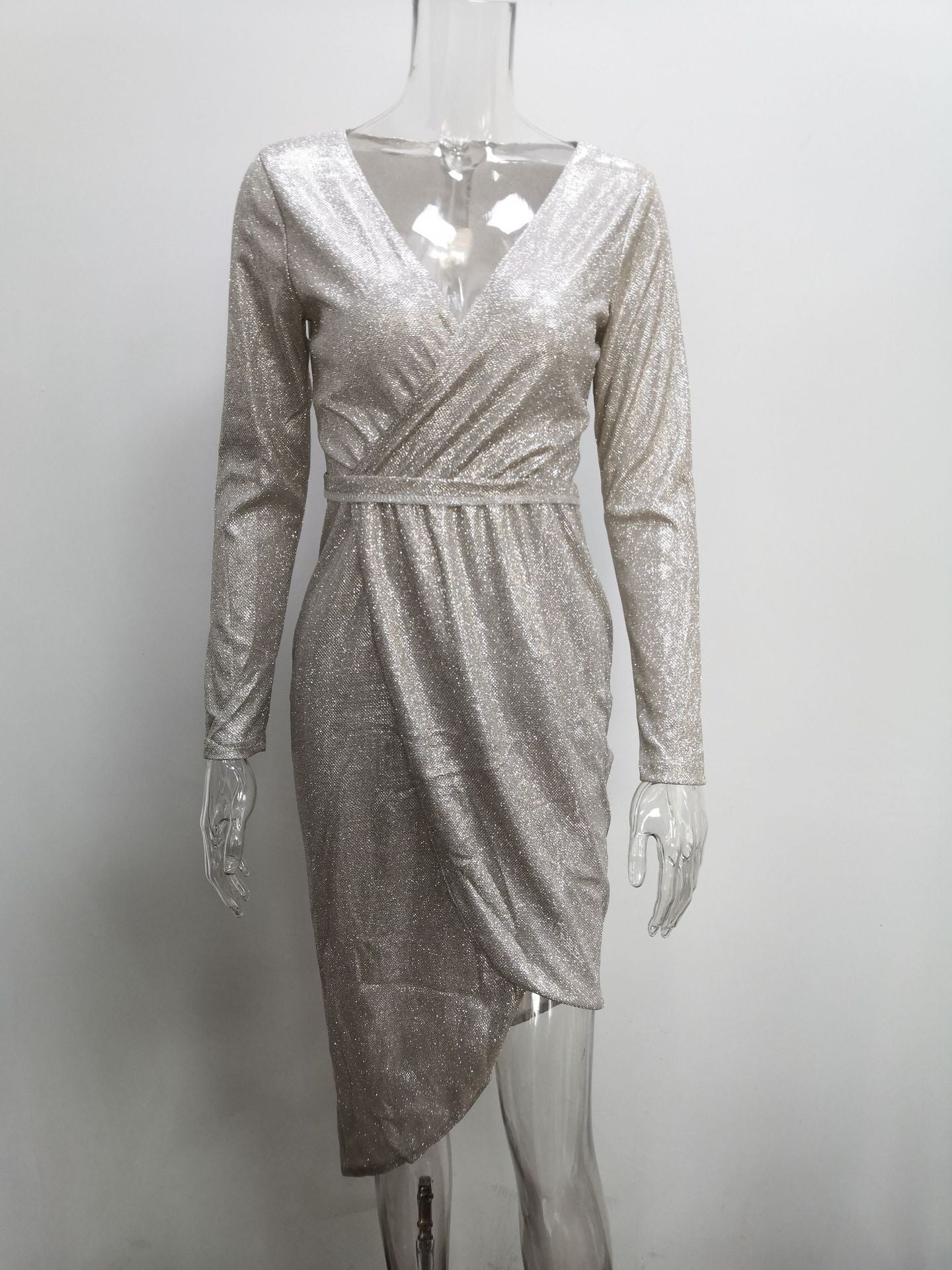 Women Shiny long-sleeved V-neck sparkling evening sexy dress 36