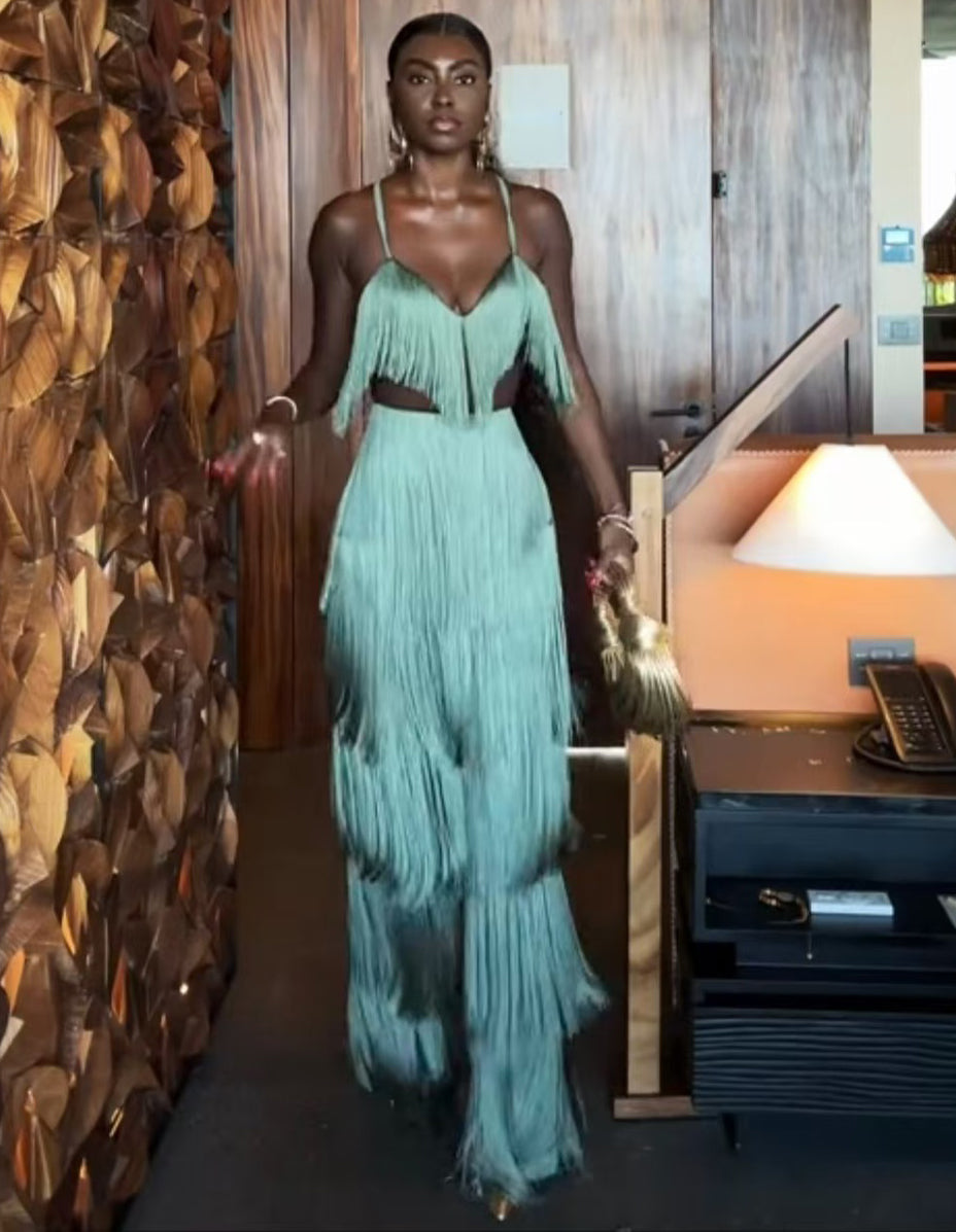 Women Sexy V-Neck Strapless Tassel Two-Piece Top and Skirt Set