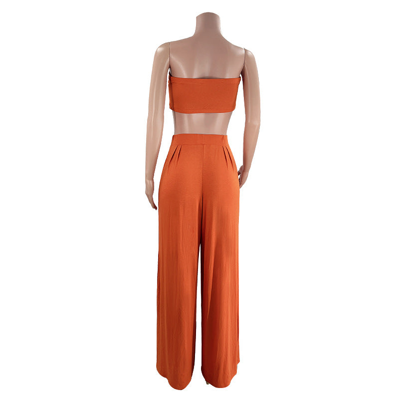 Women's Sexy Solid Color Tie Strapless Top Mid-Waist Wide Leg Pants Fashion Casual Two Piece Set 14