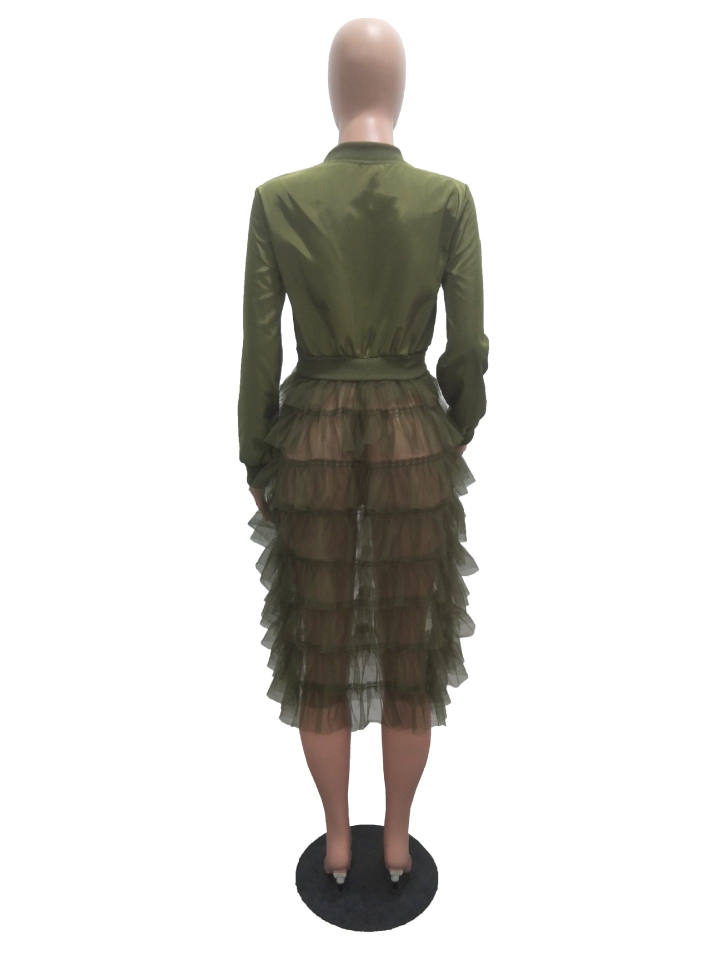 Fashionable Zipper Solid Color Mesh Lace Patchwork Jacket Coat 17