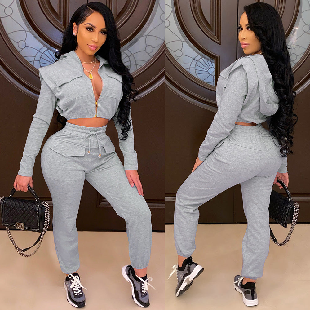 Women Sexy Zip with Cap Long Sleeve Top + Trousers Two-piece Set 6