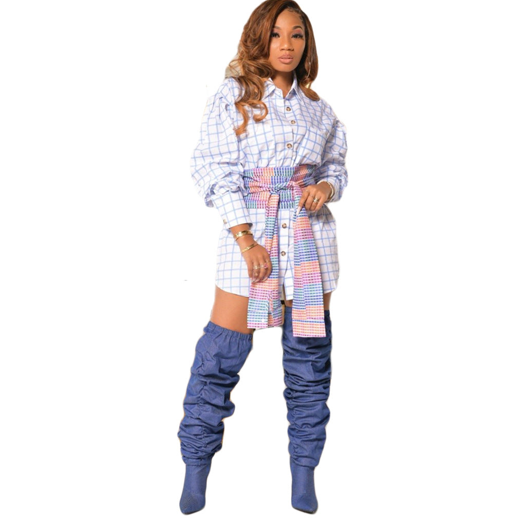 Women Contrast Belt Plaid Shirt dress 6