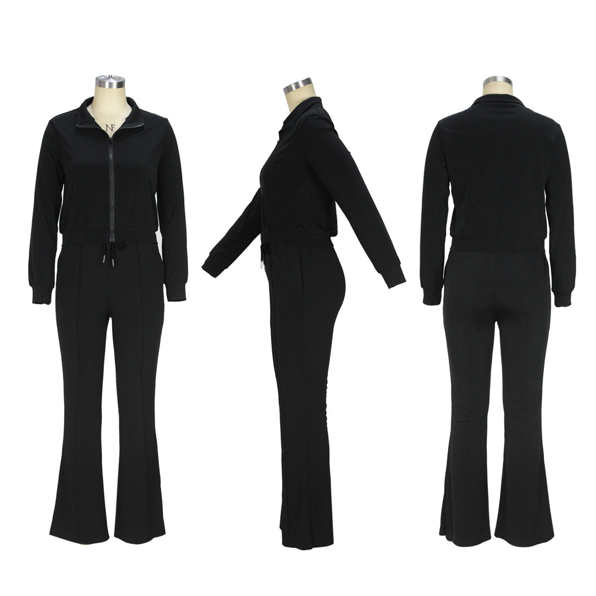 Women Long Sleeve Zip Top and Bell Bottom Pants Casual Two-Piece Set 8