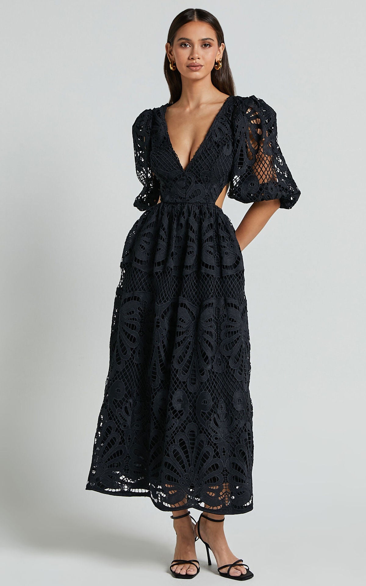 Women's Summer v-neck lace embroidery sexy hollow Waist long dress 15