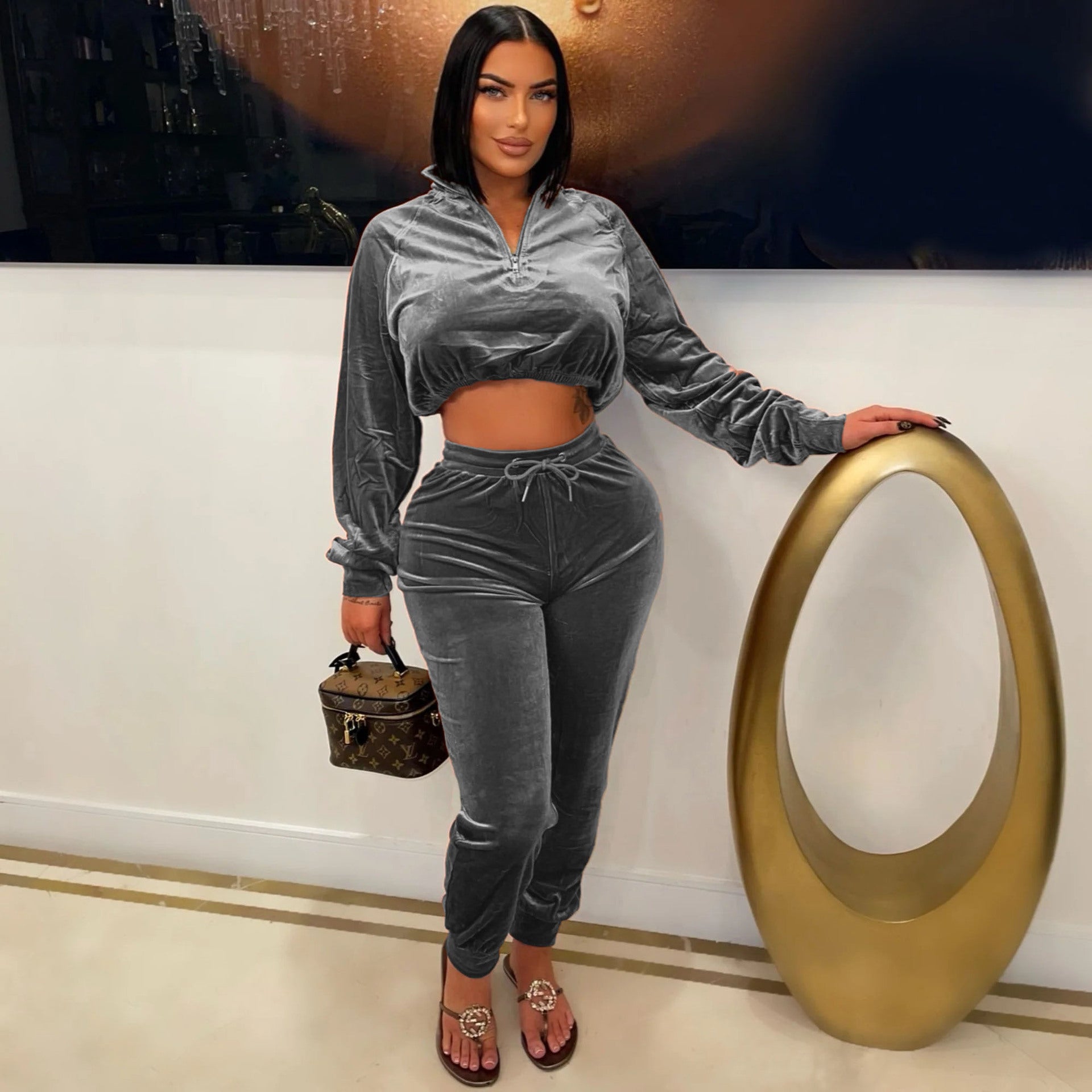 Women Casual sports Casual Veet Top and Pant two-piece set 4