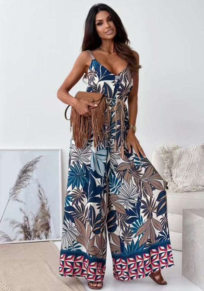 Women Summer Printed Suspender V-Neck Jumpsuit with Belt