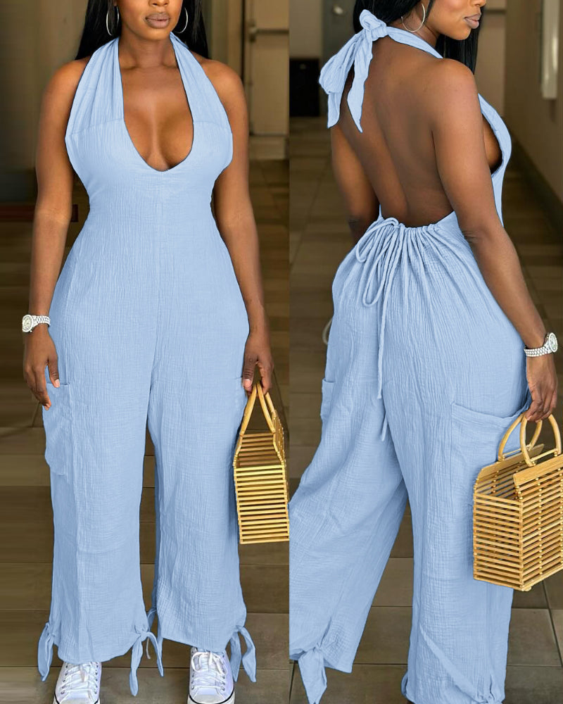 Women's Solid Color Casual Halter Neck Low Back Lace-Up Casual Pocket Jumpsuit 4
