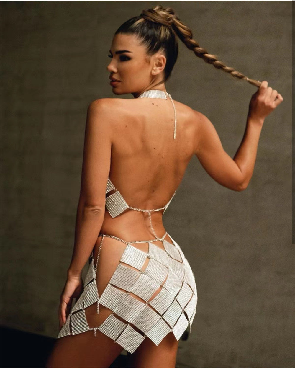 Women's Nightclub Style Sexy Diamond Sequin Checkered Two Piece Skirt Set 13