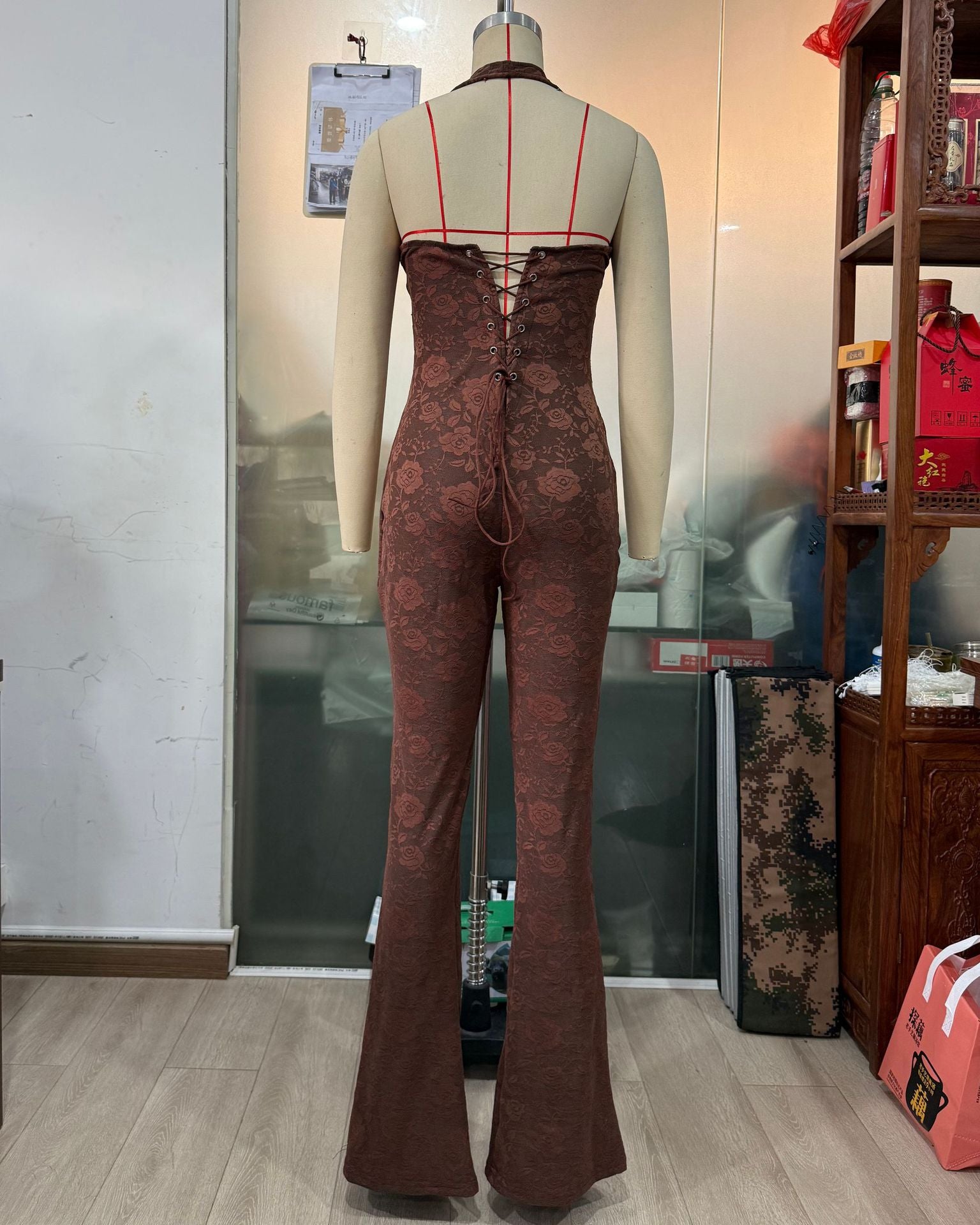 Sexy See-Through Lace Halter Lace-Up Slim-Fit Flare leg Jumpsuit 9