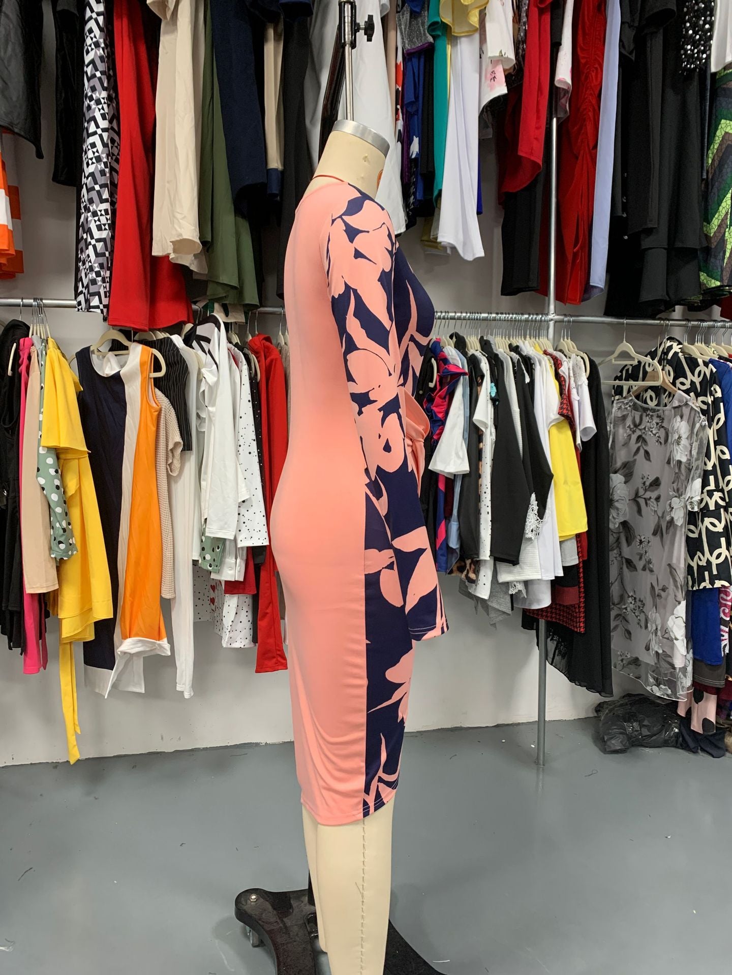 Women Pleated Long Sleeve Print Bodycon Dress 9