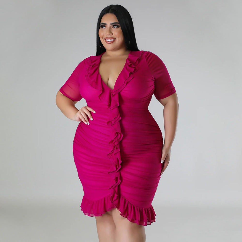 Plus Size Women'S Mesh Lining See-Through Double Layer Ruffle Sexy Dress 3