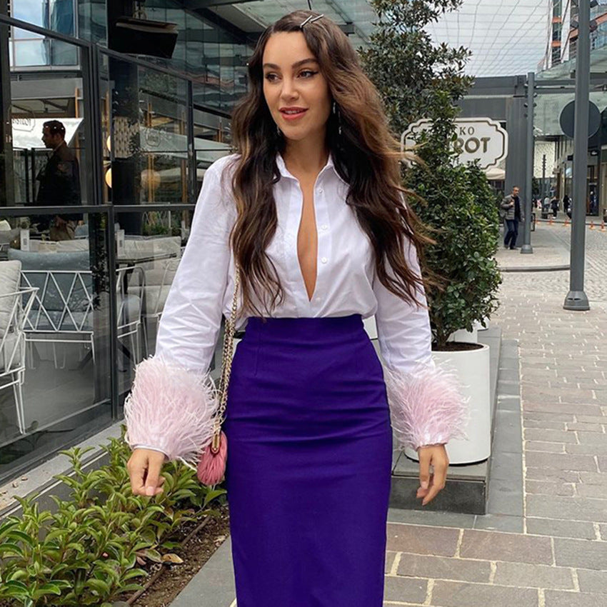 Autumn Fashion Slim Fur Trim Long Sleeve Women'S White Shirt Top 3