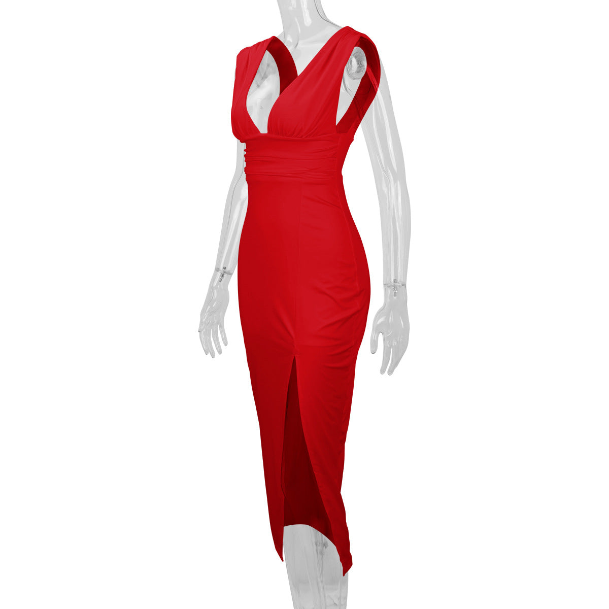 Women's Summer Fashion Deep V-Neck Slim Low Back Slit Sexy Dress 15