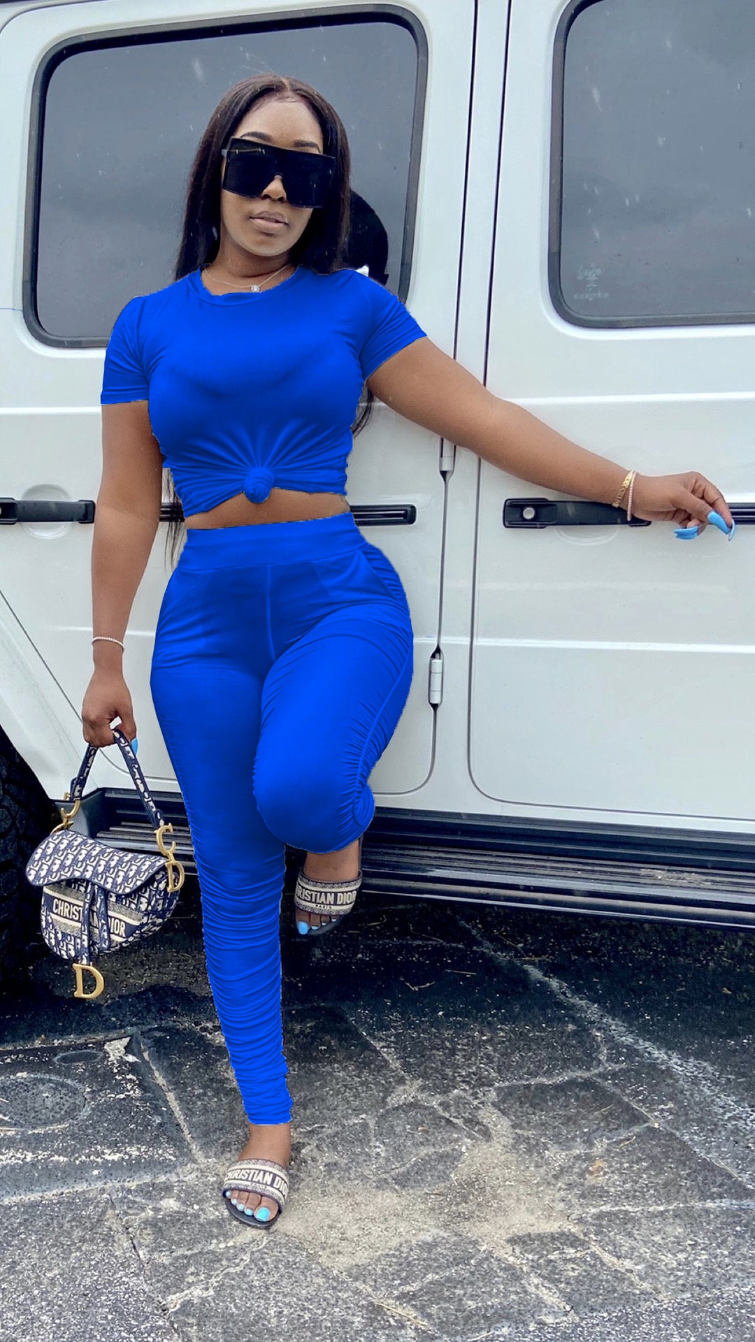 Women Wrinkled Short Sleeve T-Shirt and PantSolid Two-Piece Set 8